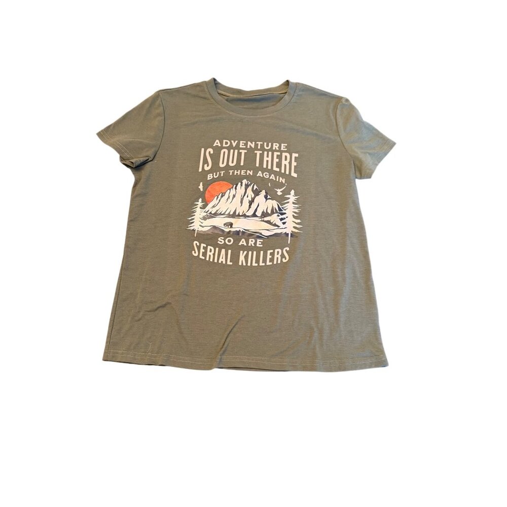 Adventure Graphic Tee Olive Green Polyester Casual Crewneck Short Sleeve M